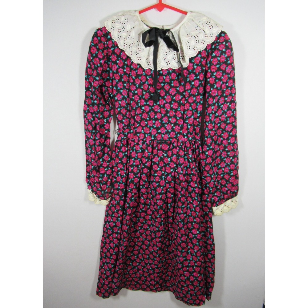 Vintage 90s Sylvia Whyte Prairie Dress Girls 8 Eyelet Collar Floral Long Sleeve